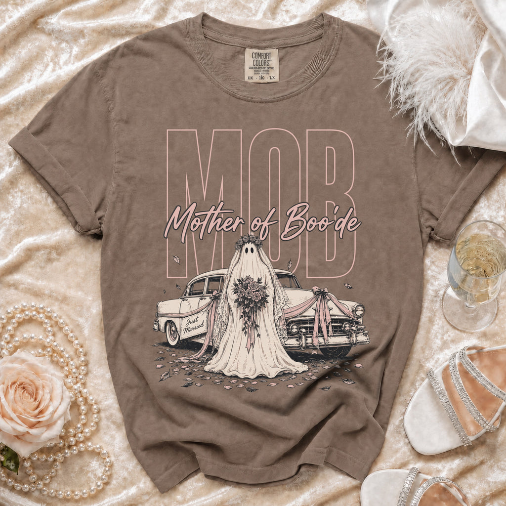 T-shirt graphic with ghost bride and car saying "MOB Mother of Boo'de".