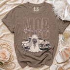 T-shirt graphic with ghost bride and car saying "MOB Mother of Boo'de".