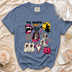Blue t-shirt with "Til Death Can't Do Us Part" Halloween graphic and skeleton bride.
