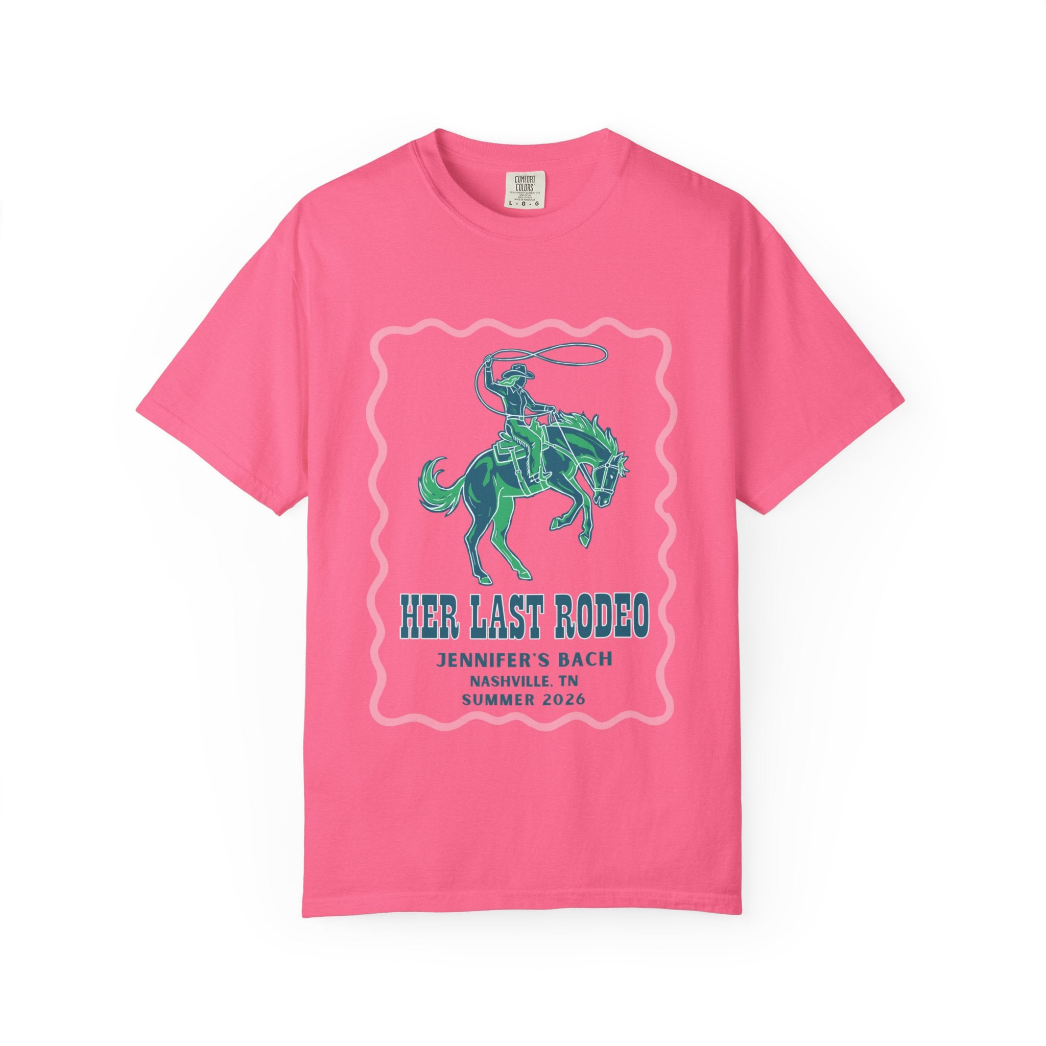 Pink t-shirt with "Her Last Rodeo" text and rodeo graphic.