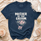 Navy t-shirt with "Mother of the Groom" text and floral bouquet graphic.