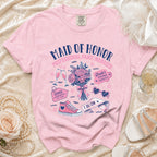 Pink t-shirt with "Maid of Honor Professional Panic Manager" and bridal graphics.