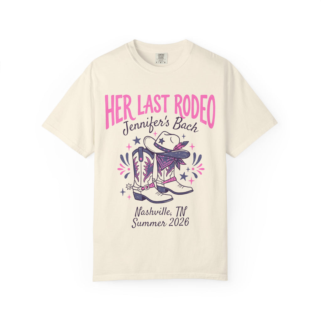 Cream t-shirt with "Her Last Rodeo" text, cowboy boots, and Nashville, TN Summer 2026.