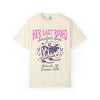 Cream t-shirt with "Her Last Rodeo" text, cowboy boots, and Nashville, TN Summer 2026.