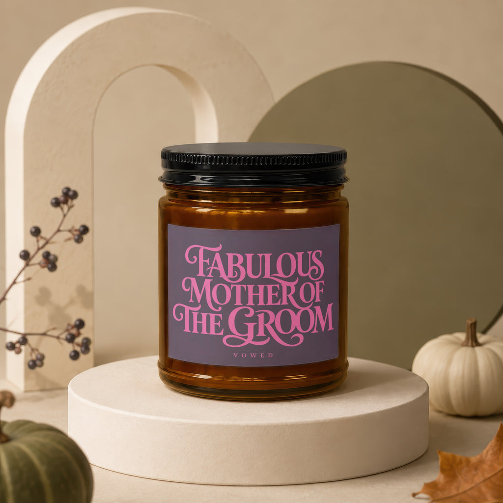 Candle with "Fabulous Mother of the Groom" text on label, with decorative pumpkins and leaves.