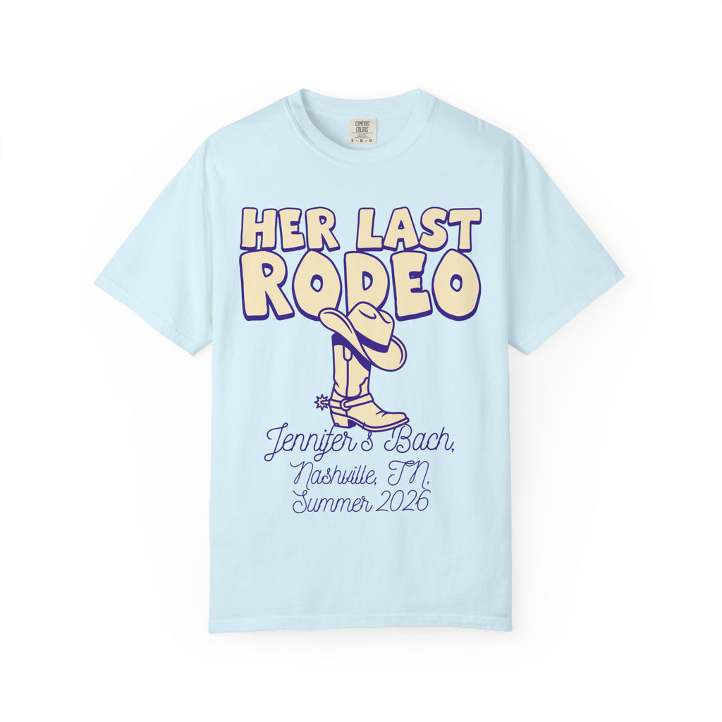 Light blue t-shirt with "HER LAST RODEO" text and cowboy boot graphic.
