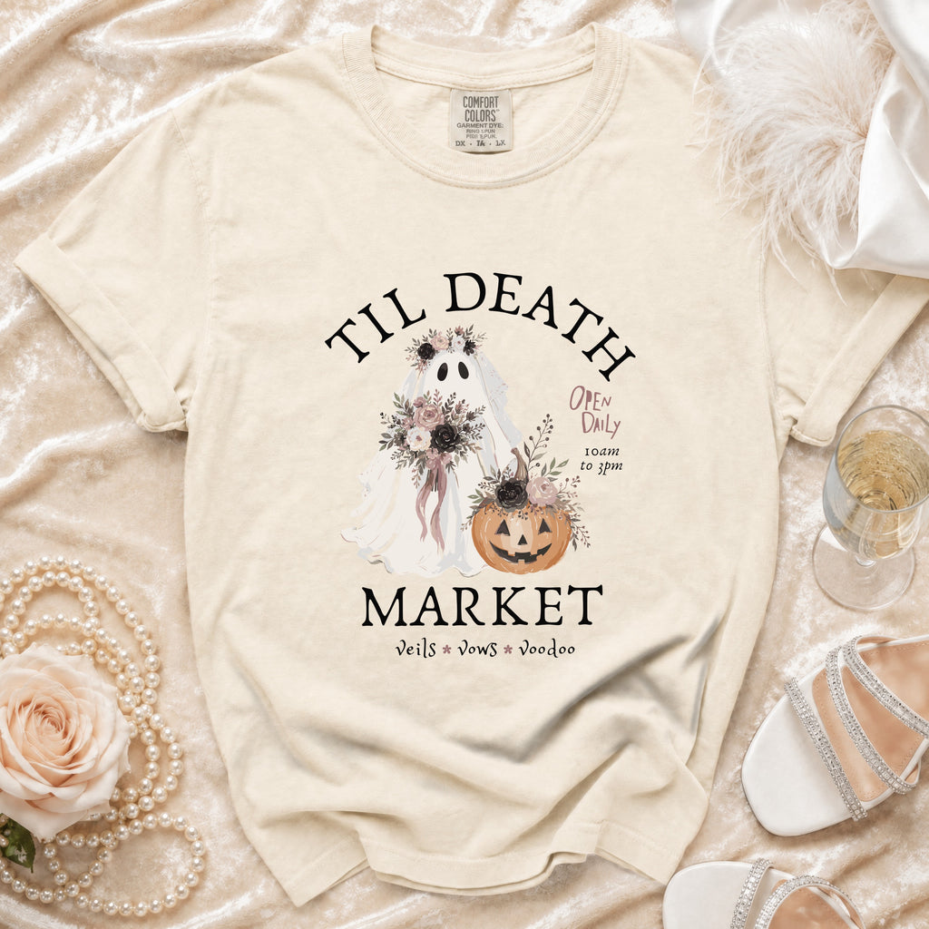 T-shirt with ghost, pumpkin, flowers, and text "Til Death Market".