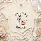 T-shirt with ghost, pumpkin, flowers, and text "Til Death Market".