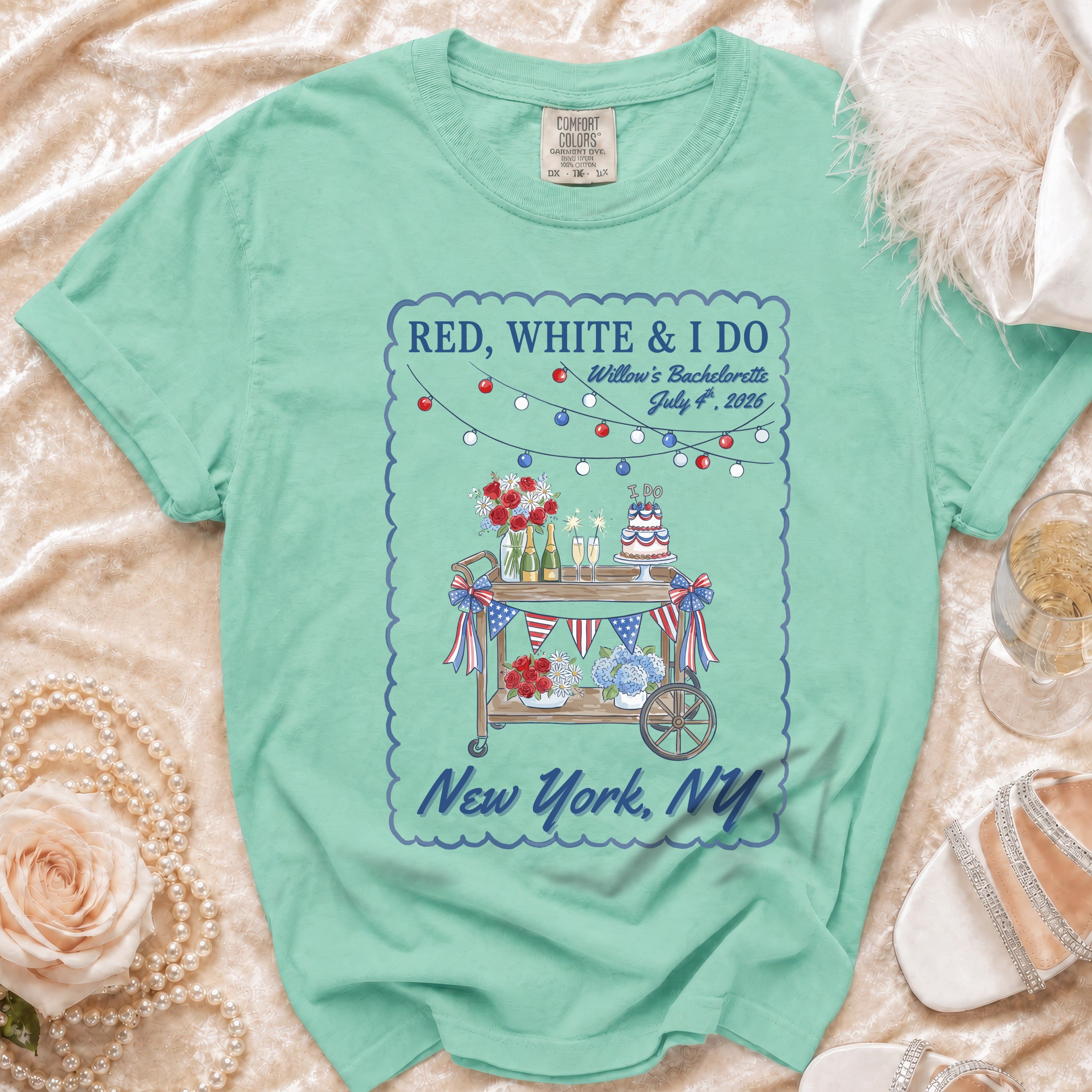 Red, White & I Do bachelorette t-shirt with a New York City cart illustration.