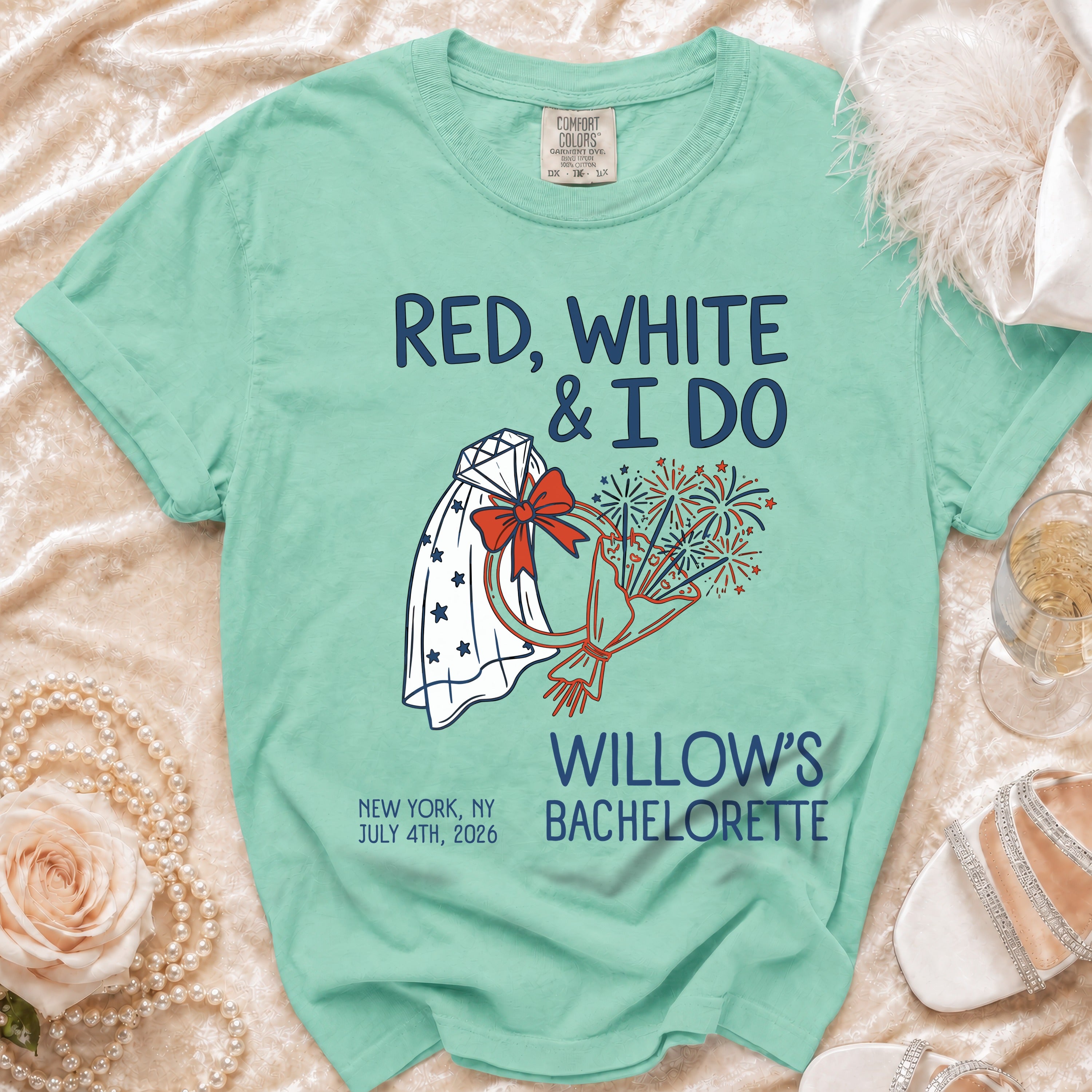 Red, White & I Do bachelorette t-shirt with fireworks and veil.
