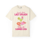 "Sarah's Bach LAST SPLASH Malibu, Ca SUMMER 2026" t-shirt design with cocktail and towel.