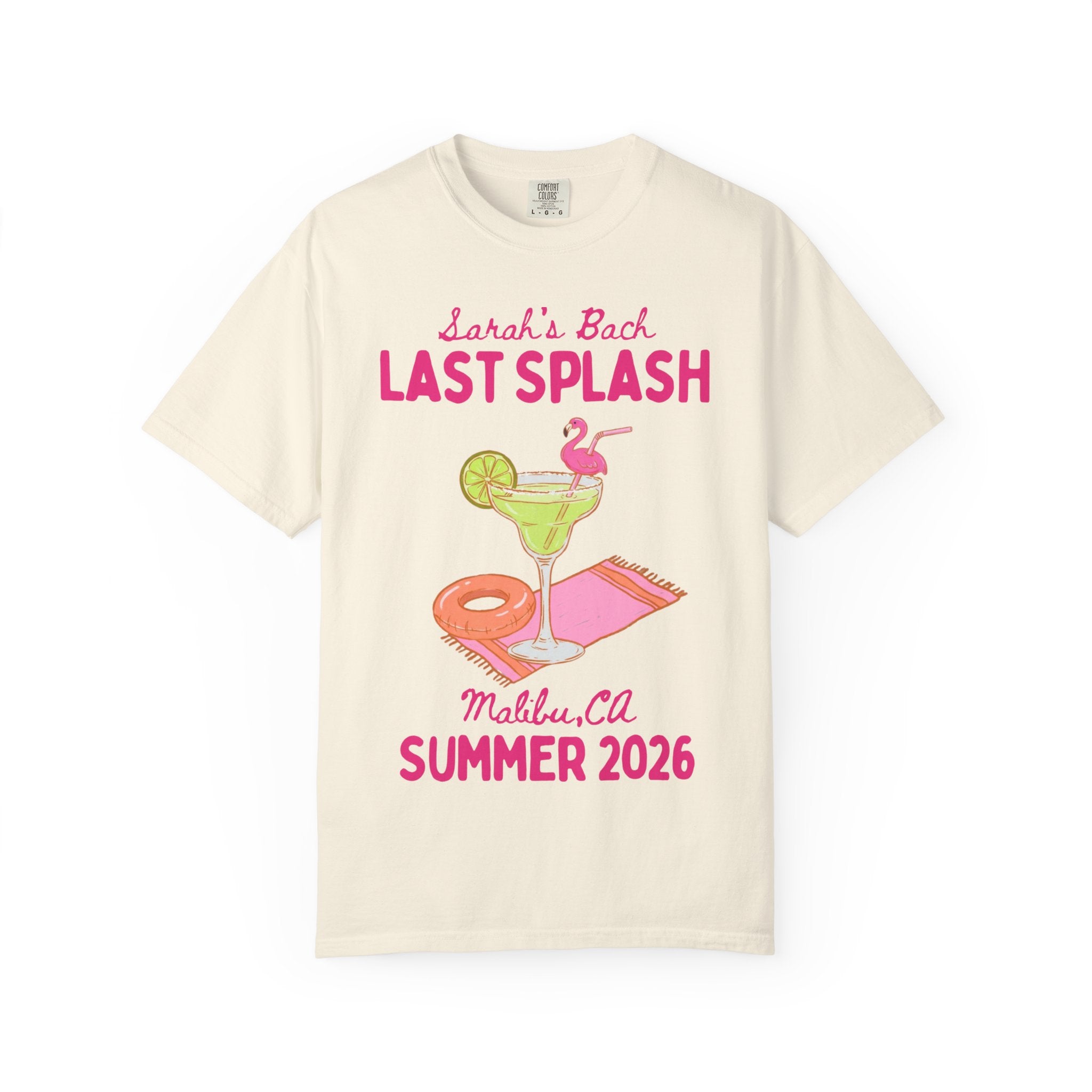 "Sarah's Bach LAST SPLASH Malibu, Ca SUMMER 2026" t-shirt design with cocktail and towel.