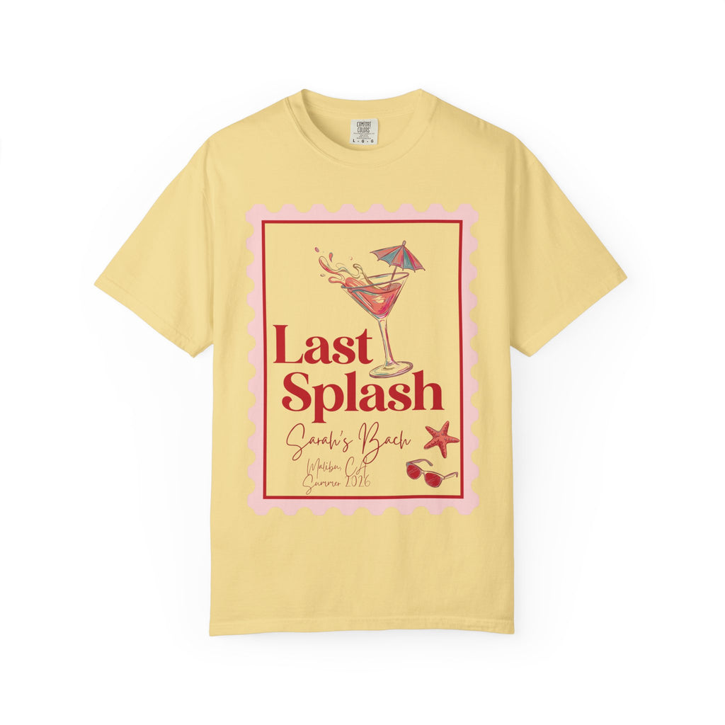 Yellow t-shirt with "Last Splash Sarah's Bach Summer 2024" cocktail graphic.