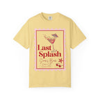 Yellow t-shirt with "Last Splash Sarah's Bach Summer 2024" cocktail graphic.