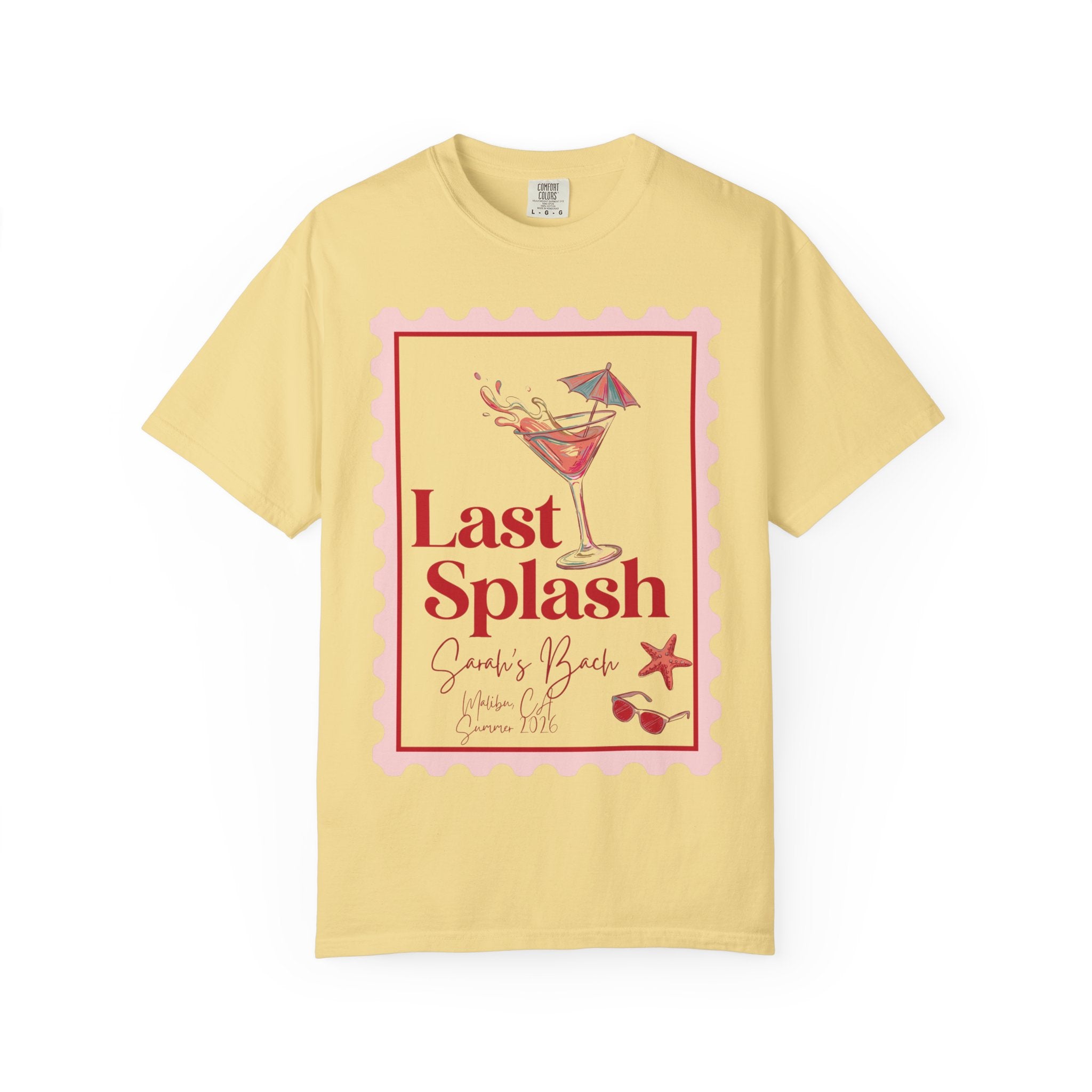 Yellow t-shirt with "Last Splash Sarah's Bach Summer 2024" cocktail graphic.