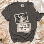 Dark gray t-shirt with a wedding dress illustration and text 'Til Death Looks Good on Me.