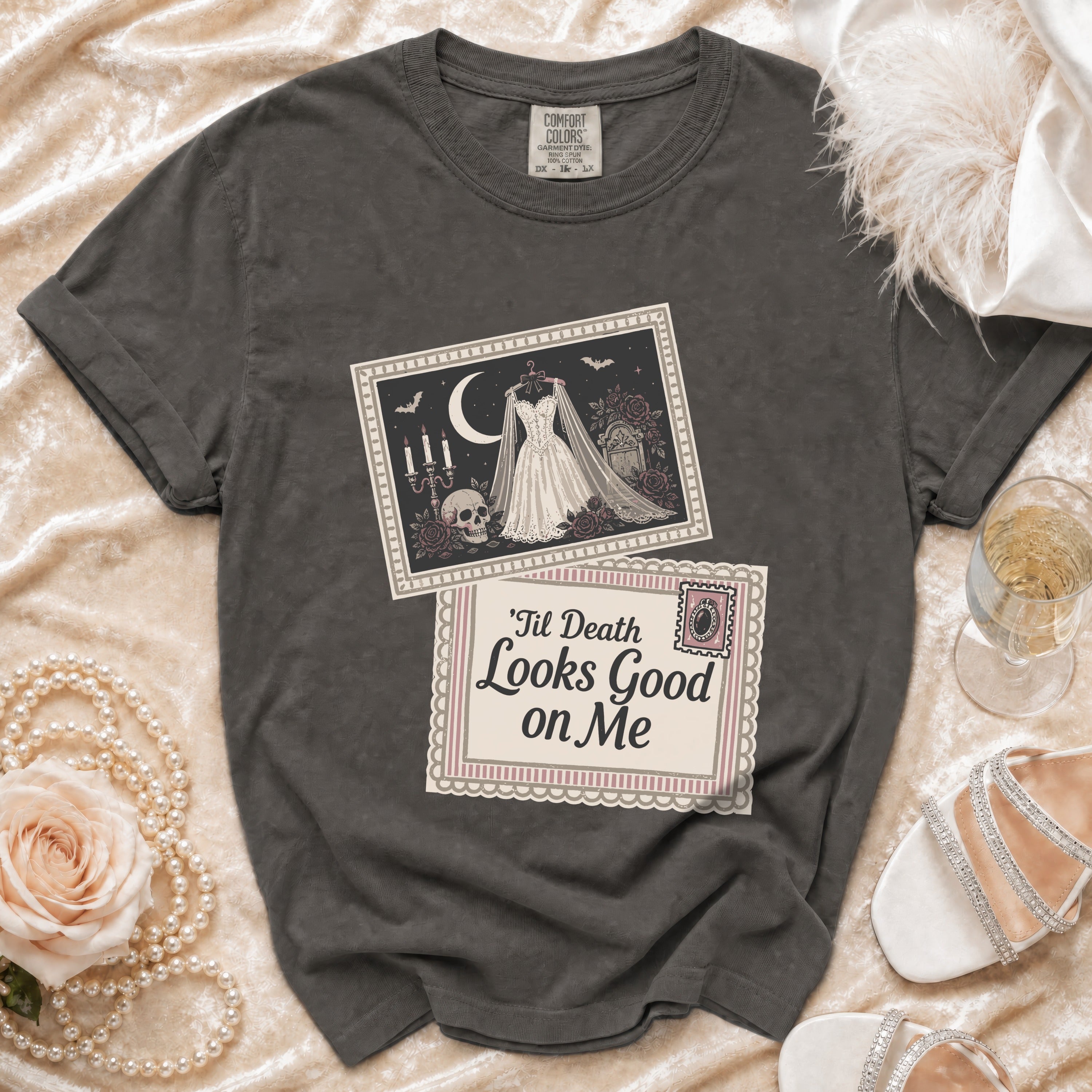Dark gray t-shirt with a wedding dress illustration and text 'Til Death Looks Good on Me.