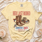 T-shirt with "Her Last Rodeo Jennifer's Bach Nashville, TN Summer 2026" text.