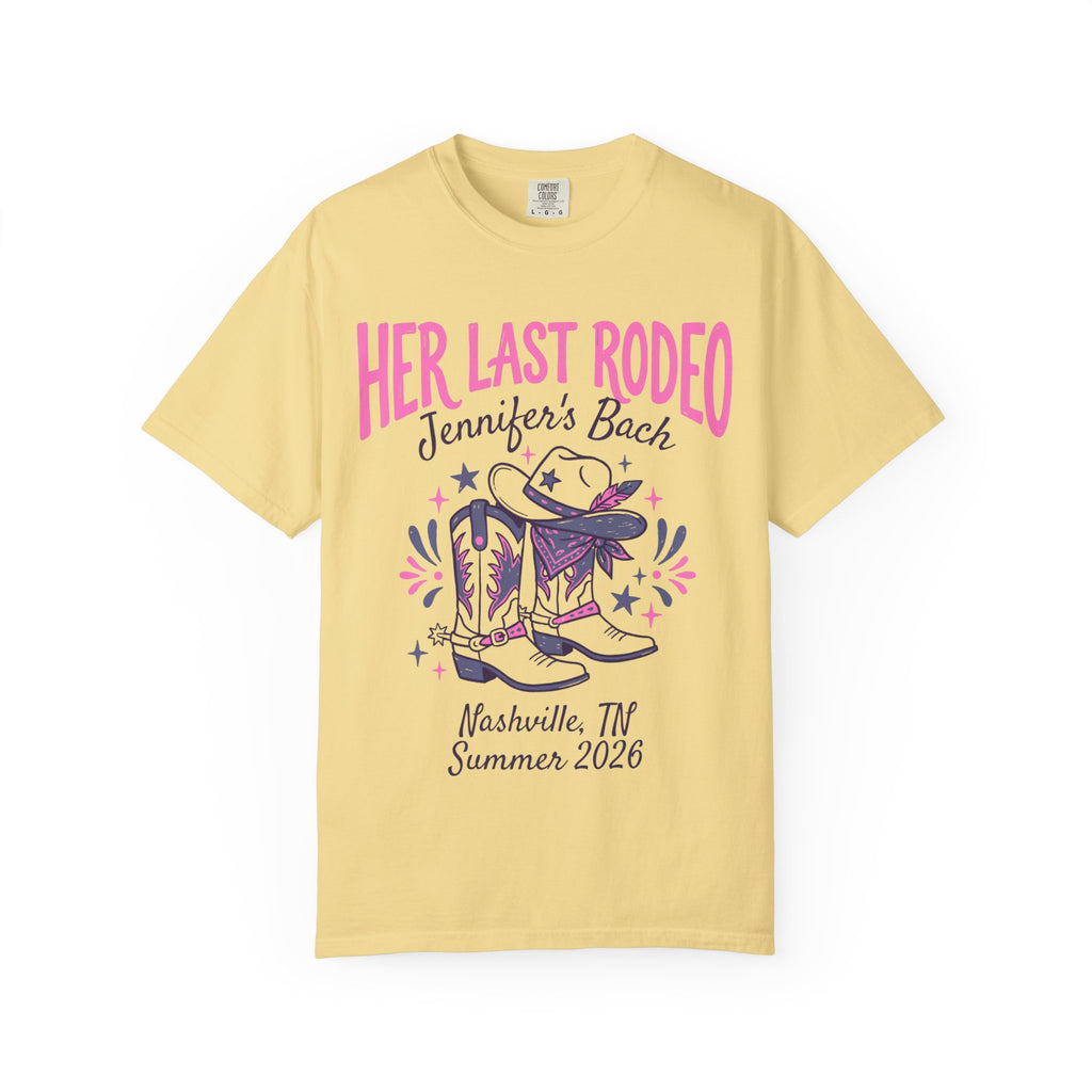 Yellow t-shirt with "Her Last Rodeo" and cowboy boots design for Nashville bachelorette.
