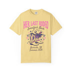 Yellow t-shirt with "Her Last Rodeo" and cowboy boots design for Nashville bachelorette.