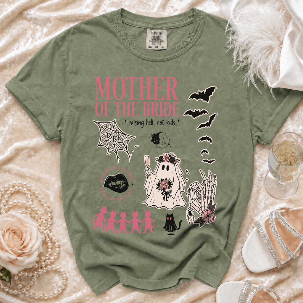 Green t-shirt with "Mother of the Bride" and spooky Halloween graphics.