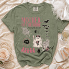 Green t-shirt with "Mother of the Bride" and spooky Halloween graphics.