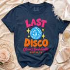 Navy t-shirt with "LAST DISCO Olivia's Bachelorette Austin, TX" text.