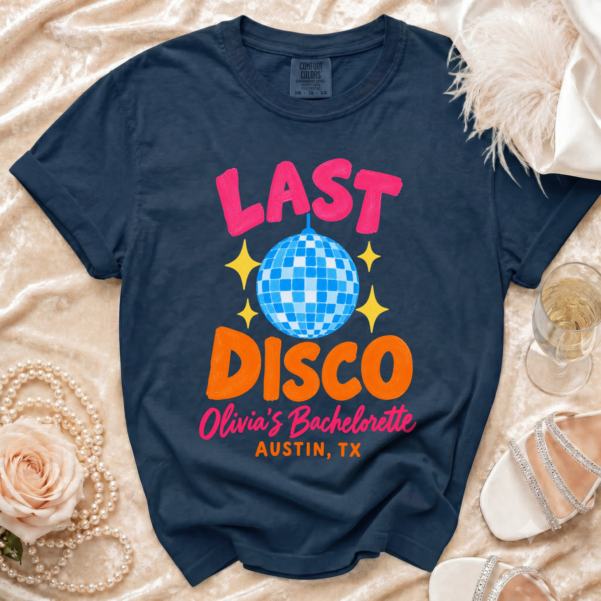 Navy t-shirt with "LAST DISCO Olivia's Bachelorette Austin, TX" text.