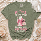 Olive green t-shirt with "Mother of the Bride" text and a ghost graphic.