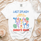 White t-shirt with "LAST SPLASH MALIBU, CA SUMMER 2026 SARAH'S BACH" and colorful drink graphics.