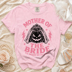 Pink t-shirt with "Mother of the Bride" text and a pumpkin bride graphic.