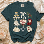Teal t-shirt with "Winter Bride" graphic featuring champagne, ice skates, cake, and winter elements.