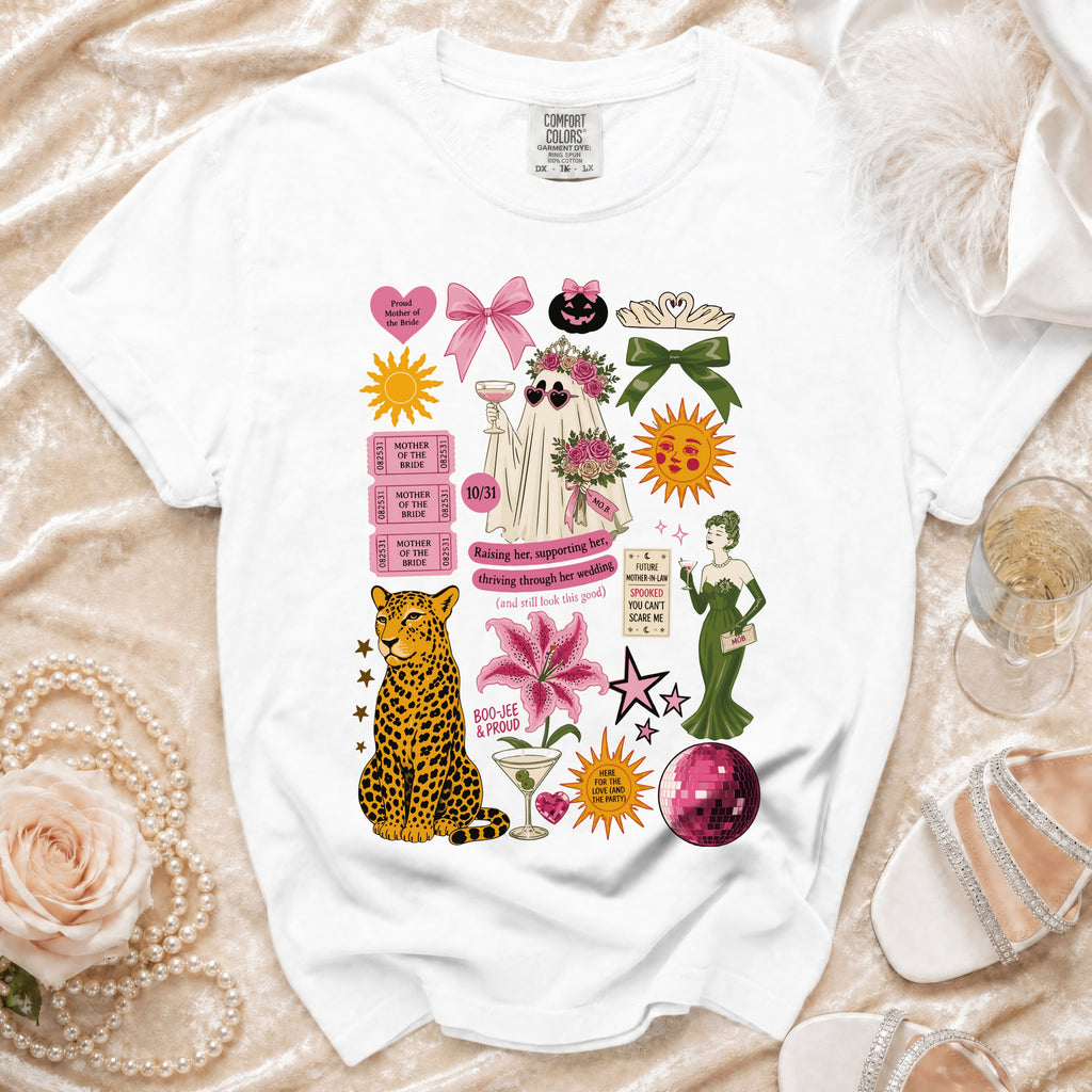White t-shirt with "Mother of the Bride" graphics, including a ghost, leopard, and lily.