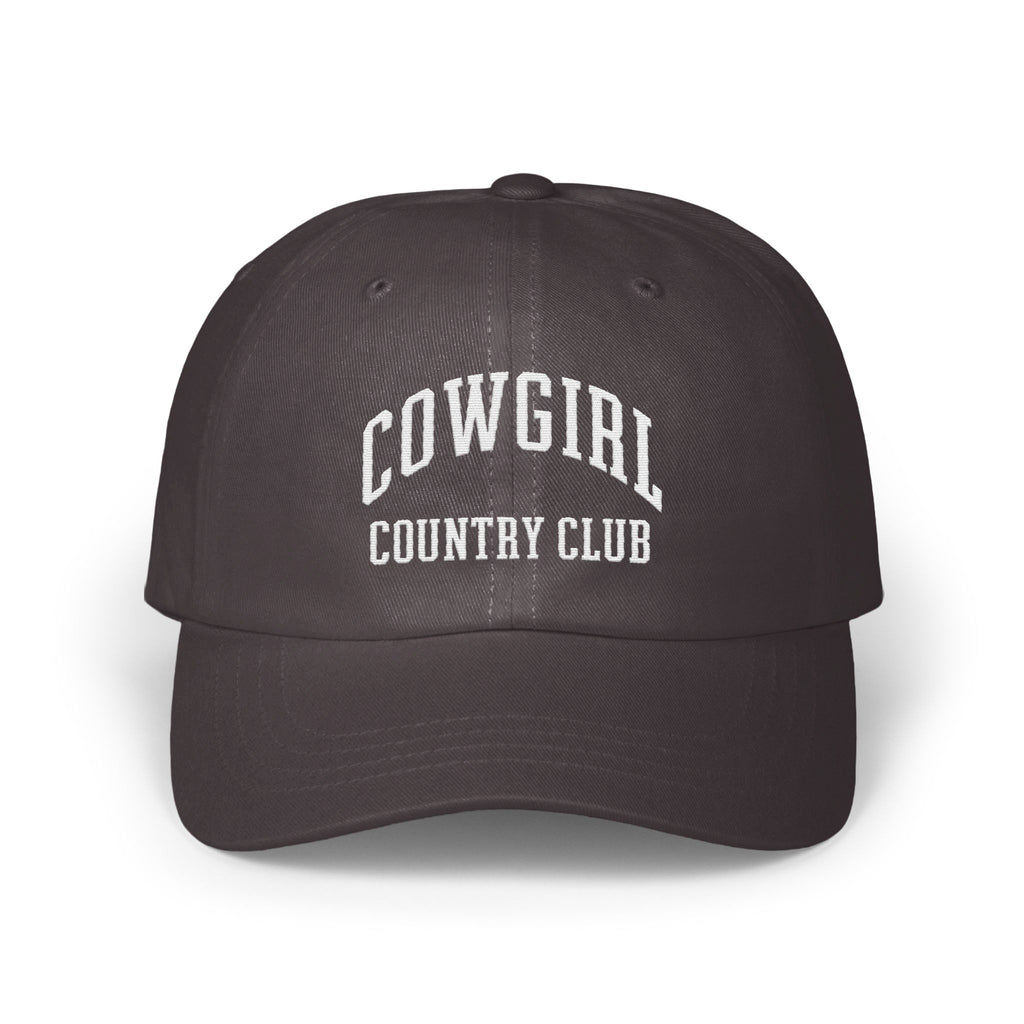 Dark grey baseball cap with white embroidered text reading COWGIRL COUNTRY CLUB centered on the front panels.