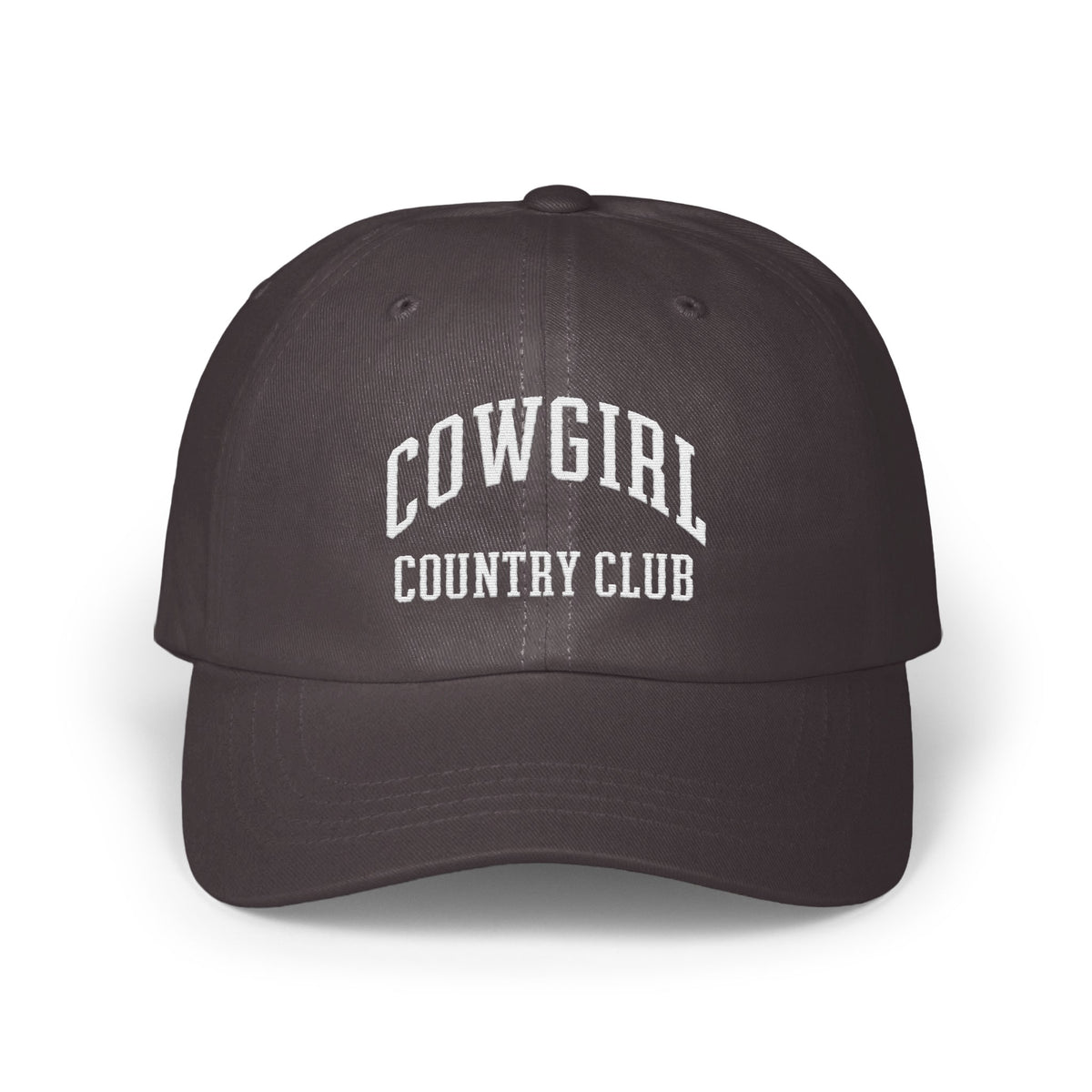 Dark grey baseball cap with white embroidered text reading COWGIRL COUNTRY CLUB centered on the front panels.