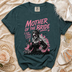 Dark teal t-shirt with "Mother of the Bride" graphic featuring a skeleton bride.