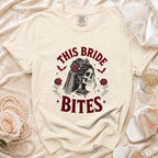 Cream t-shirt with "This Bride Bites" gothic skeleton bride graphic.