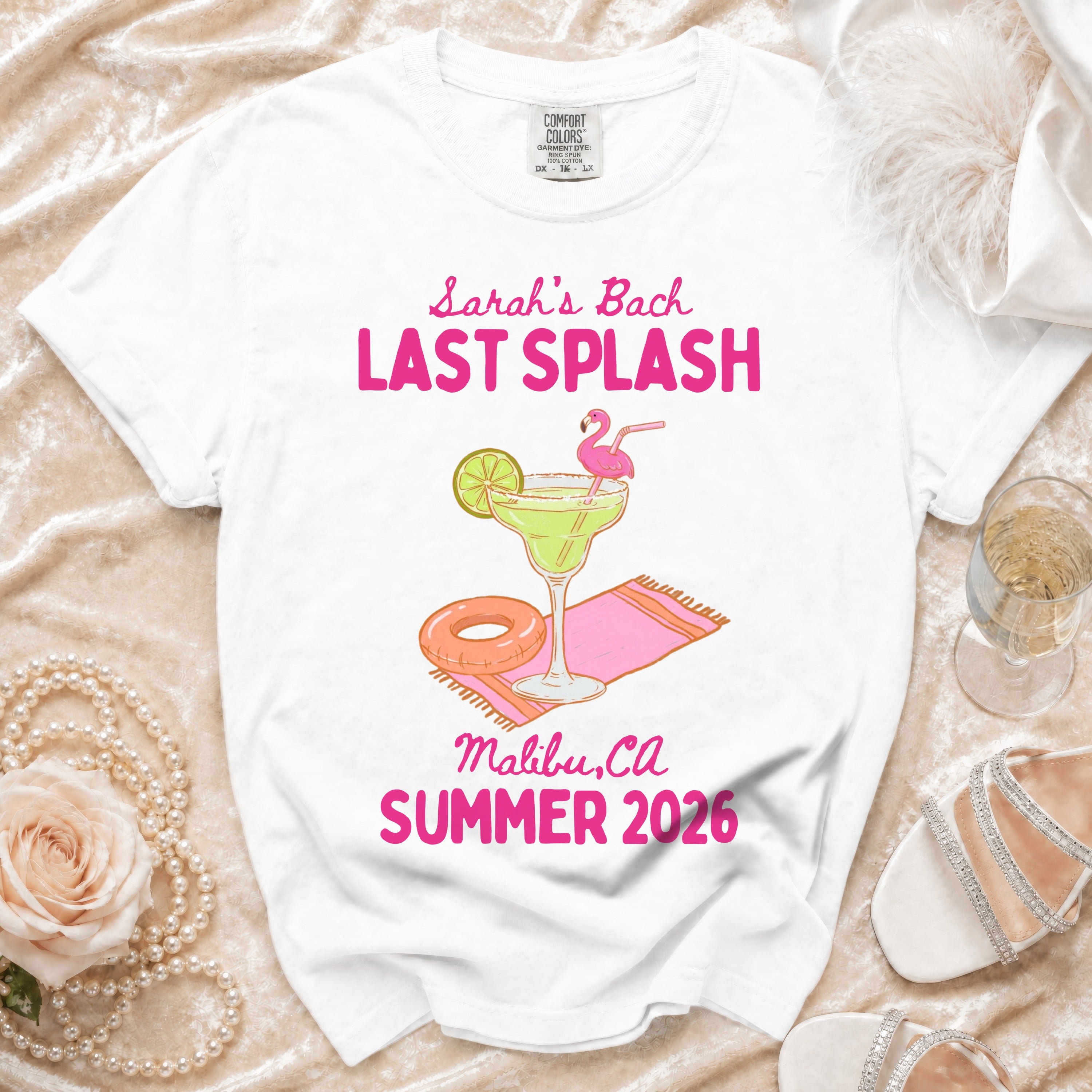 White t-shirt with "Sarah's Bach LAST SPLASH Malibu, Ca SUMMER 2026" and cocktail graphic.