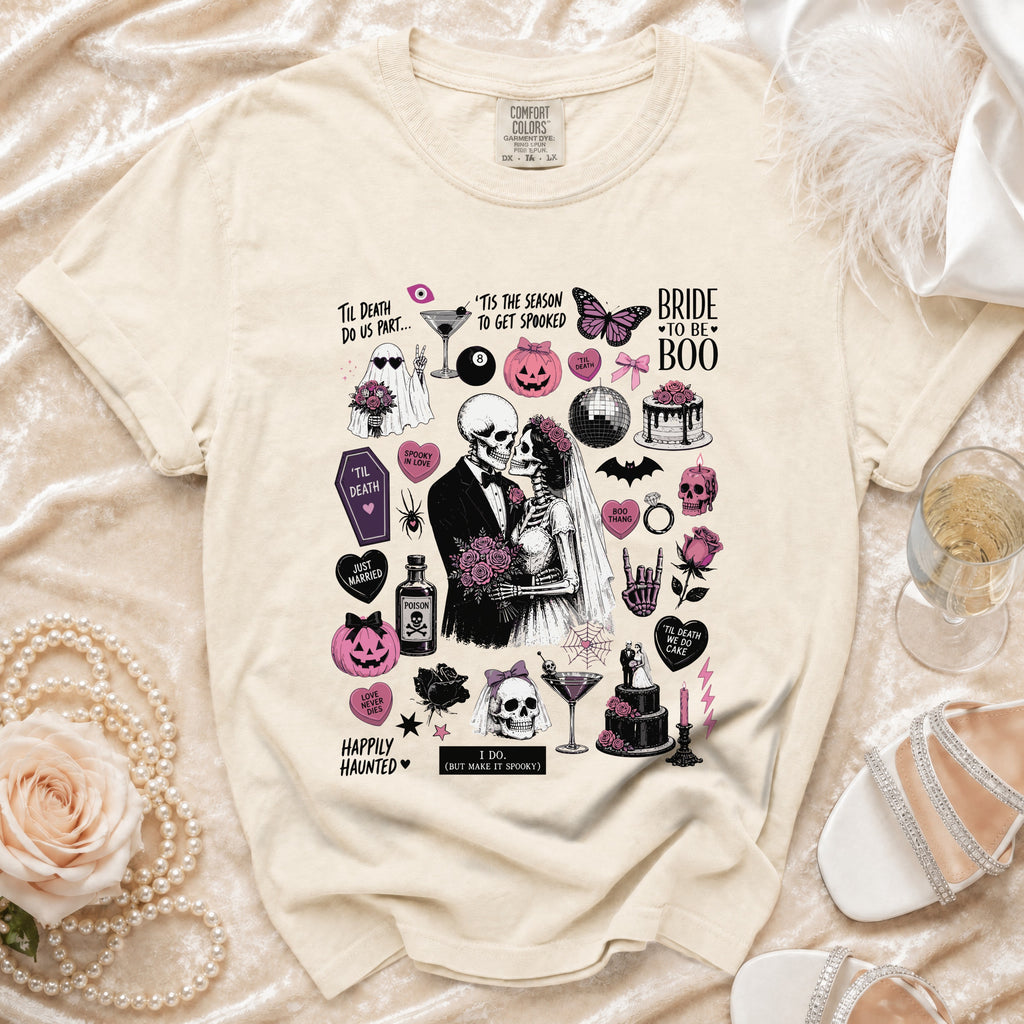 Cream t-shirt with skeleton bride and groom, ghost, pumpkin, and wedding-themed spooky icons.