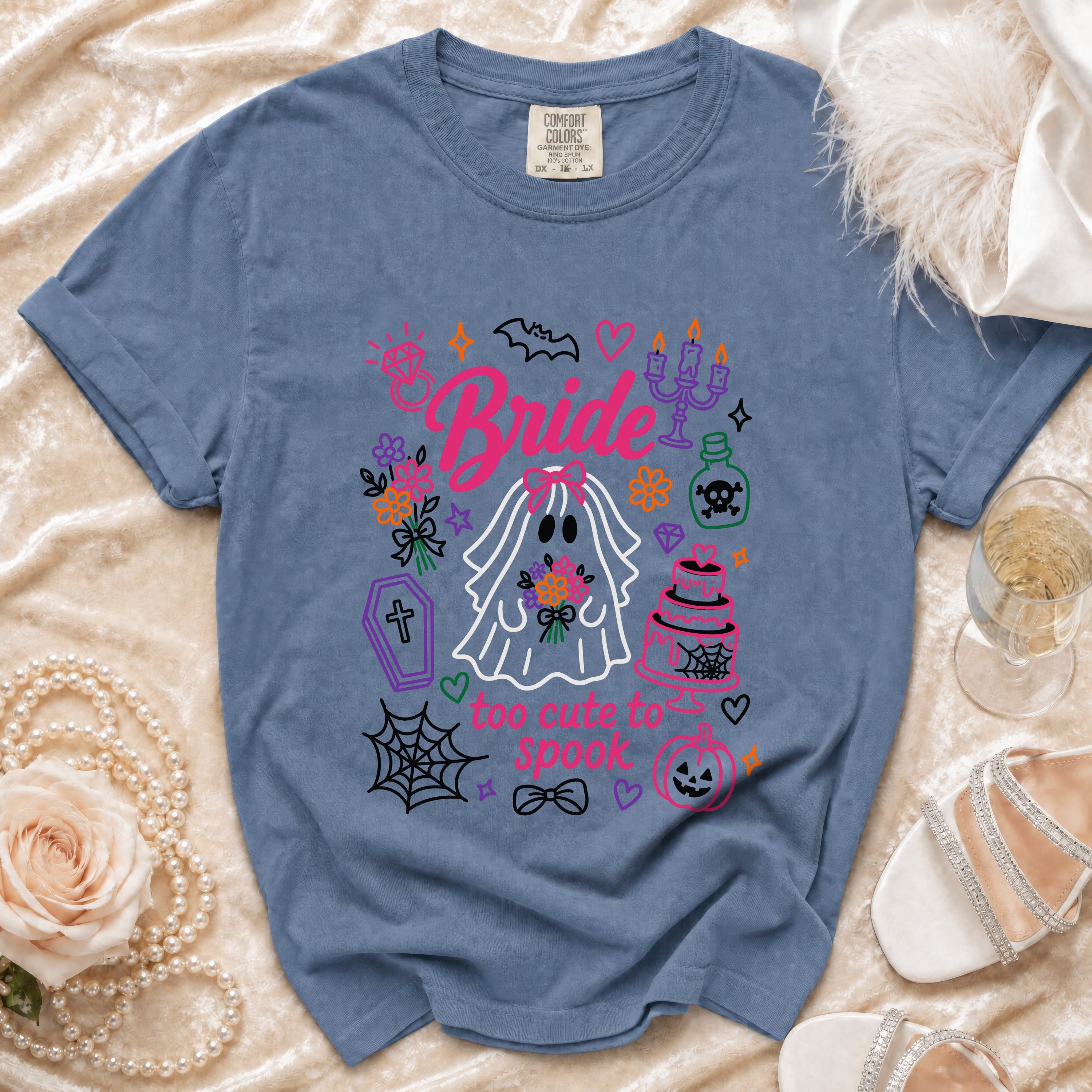 Blue Comfort Colors t-shirt with "Bride" and Halloween ghost graphic.