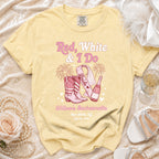 Yellow bachelorette t-shirt with "Red, White & I Do" and boot design.