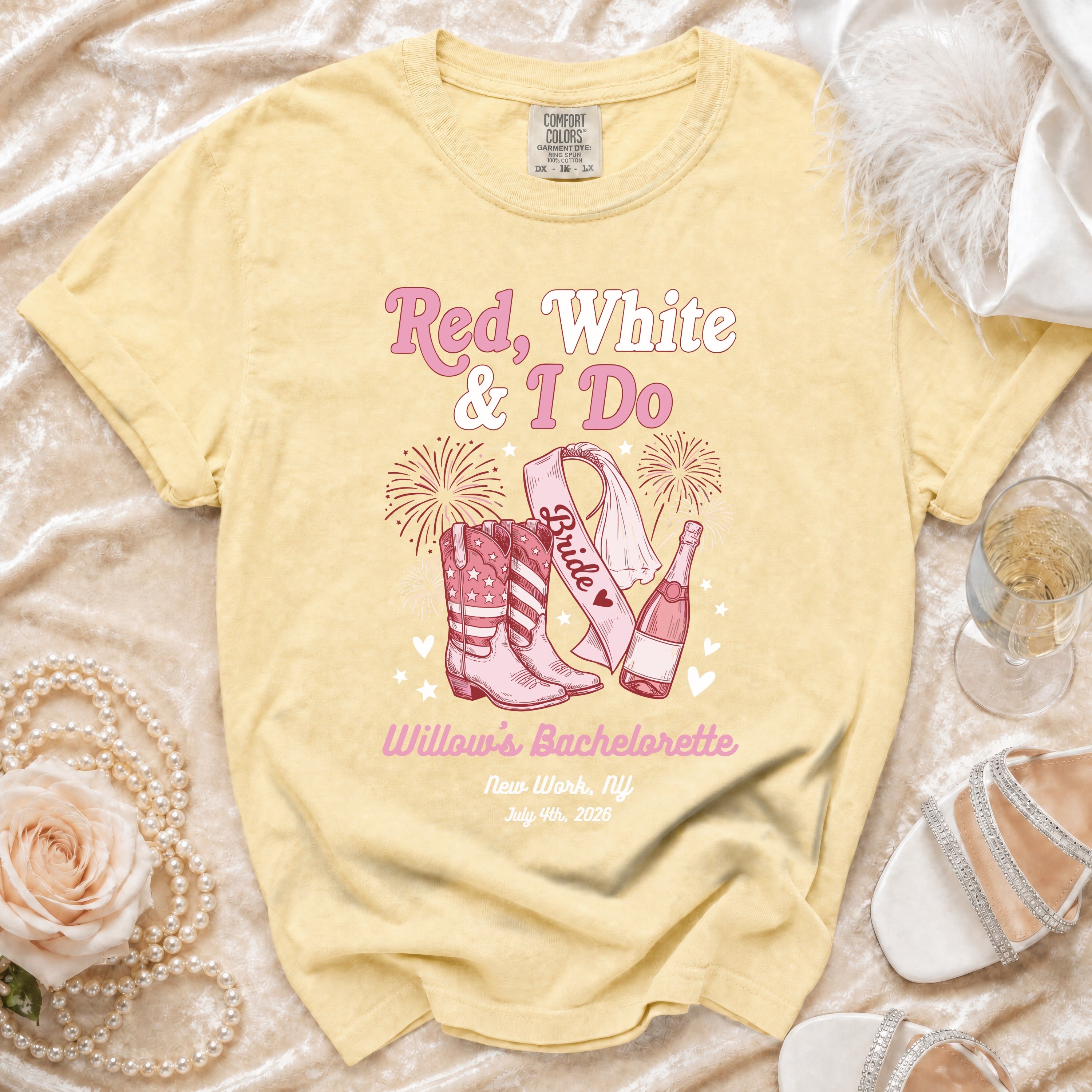 Yellow bachelorette t-shirt with "Red, White & I Do" and boot design.