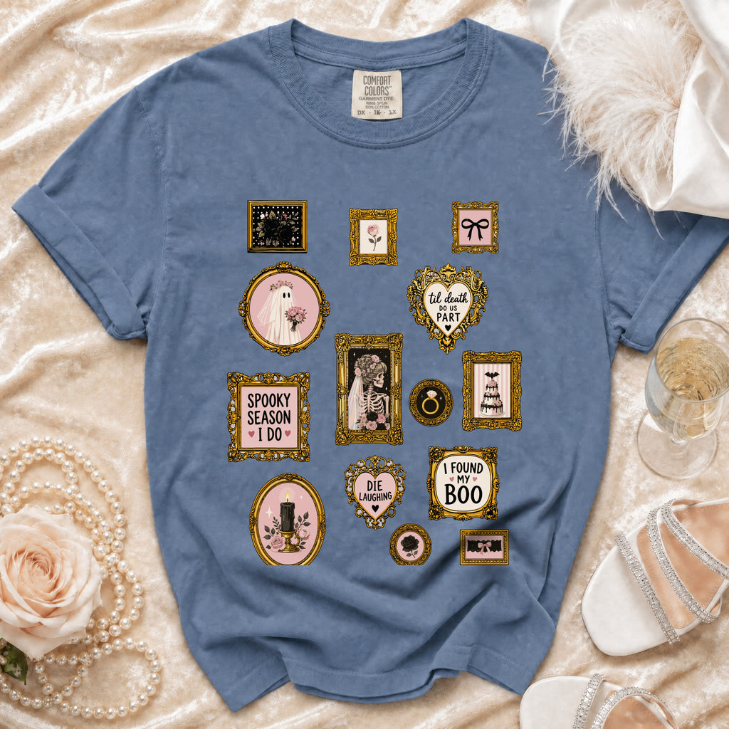 Blue Comfort Colors t-shirt with framed Halloween and wedding-themed graphics.