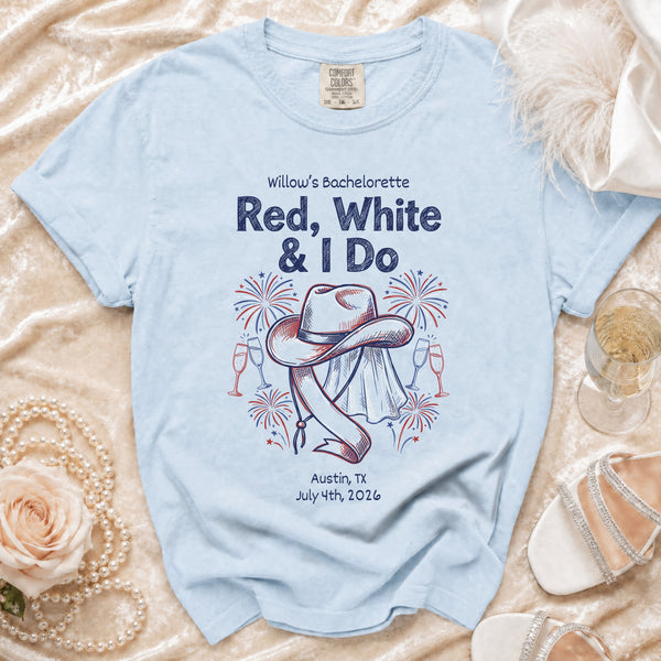 Red, White & I Do" Bachelorette T-shirt in Chambray