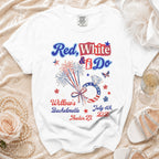 White t-shirt with "Red, White & Do" fireworks and ring design, Willow's Bachelorette Austin TX.