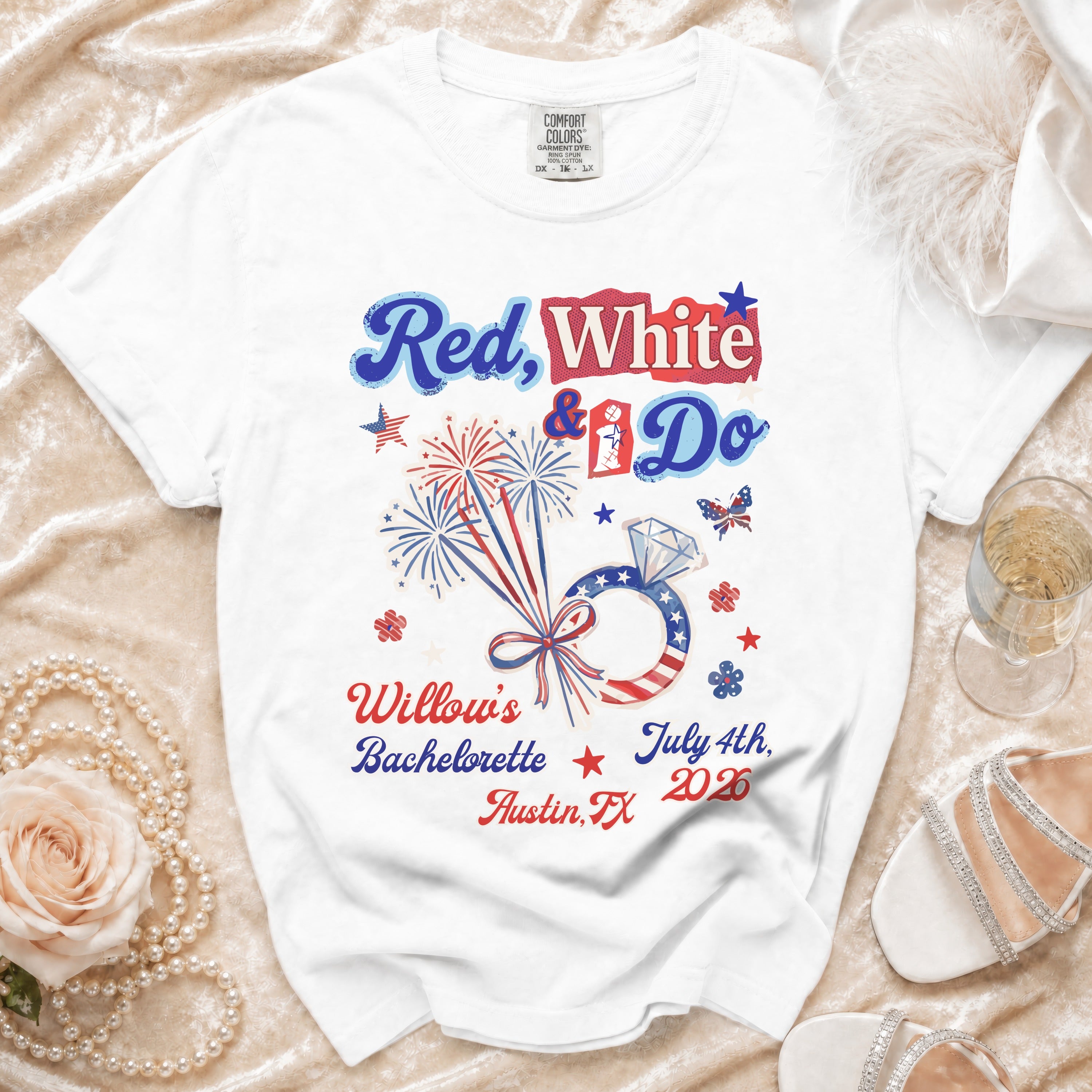 White t-shirt with "Red, White & Do" fireworks and ring design, Willow's Bachelorette Austin TX.