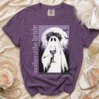 Purple t-shirt with ghost holding wine, "mother of the bride" text, and "Full of love. Full of wine. Full of scares."