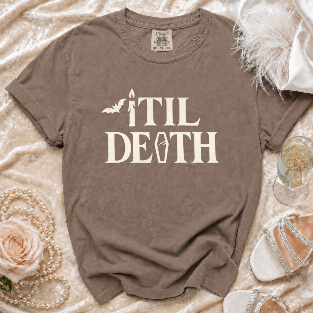 Brown t-shirt with "Til Death" graphic and bat, candle, coffin icons.