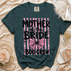 Teal t-shirt with "Mother of the Bride Boo Crew" text and spiderwebs.