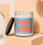 Candle with blue label reading "WEDDING DAY BLUR MEMORIES" and "VOWED".